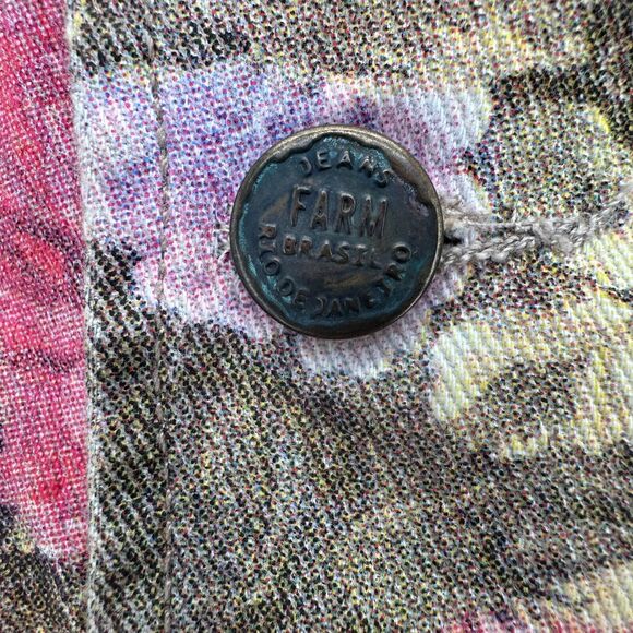 Farm Rio Floral Denim Jacket Military Button Size M Open Green Pink Boho Preppy - Picture 3 of 8
